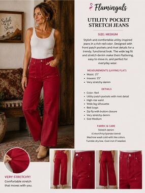 Flamingals Red Utility Pocket Stretch Jeans - Medium